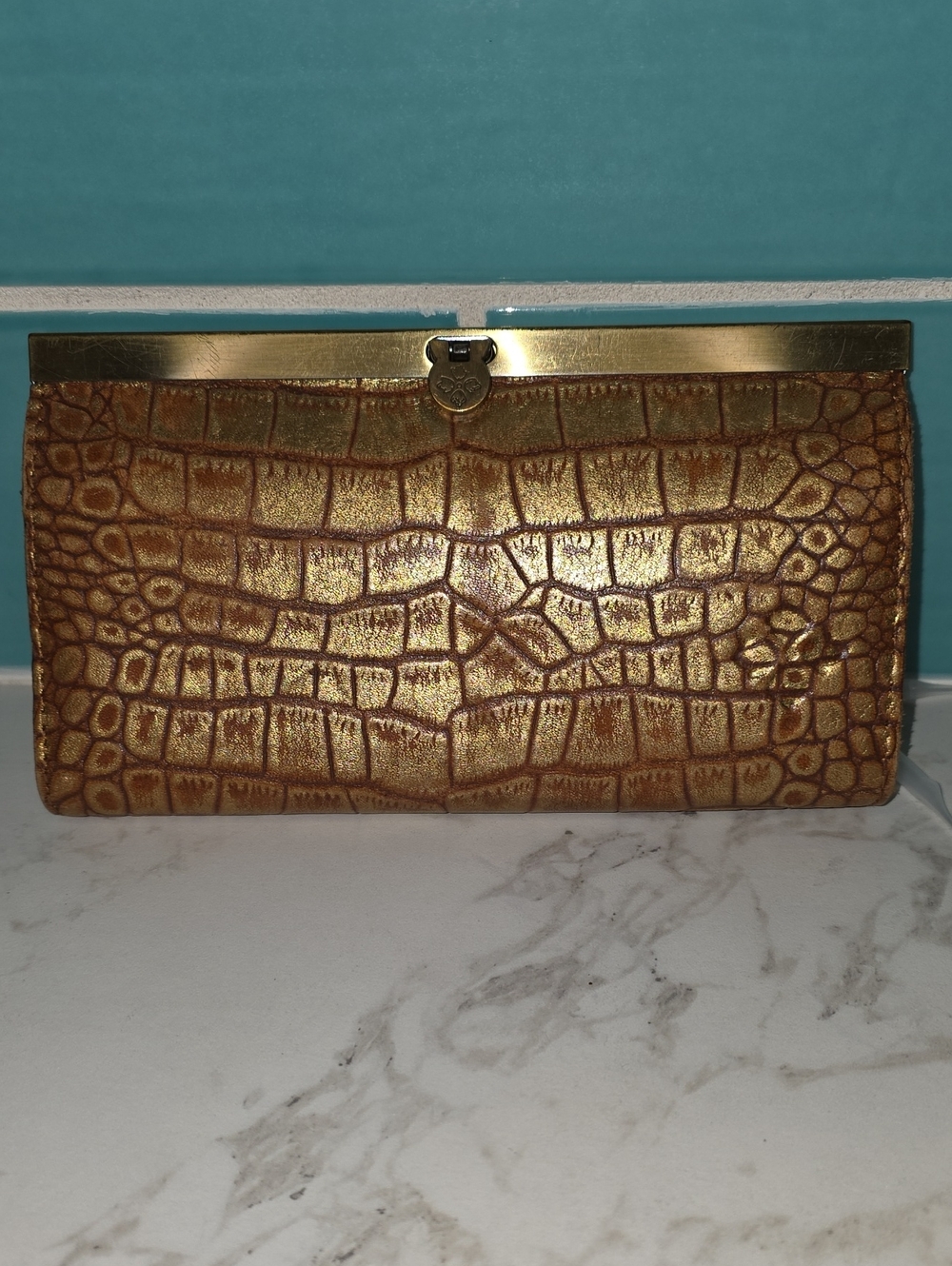 Patricia Nash Cauchy Metallic Gold Croc-Embossed Frame Clutch